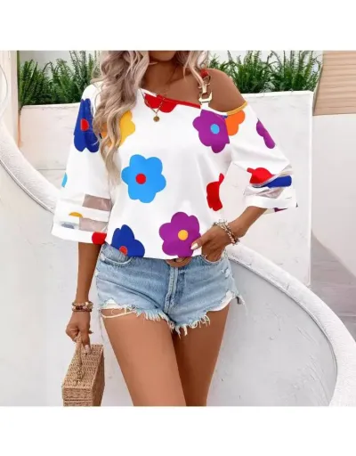 Colorblock Floral Asymmetrical Blouses #802379 $25.71 USD, Wholesale Fashion Blouses