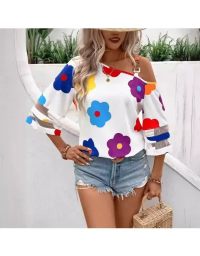 Replica Colorblock Floral Asymmetrical Blouses #802379 $25.71 USD for Wholesale