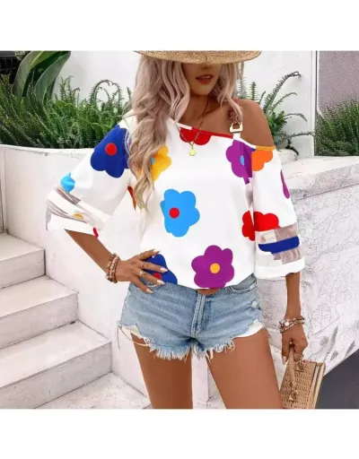 Replica Colorblock Floral Asymmetrical Blouses #802379 $25.71 USD for Wholesale