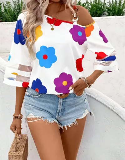 Replica Colorblock Floral Asymmetrical Blouses #802379 $25.71 USD for Wholesale