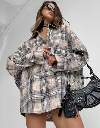 Colorblock Plaid Single Breasted Blouses #802386 $41.30 USD, Wholesale Fashion Blouses