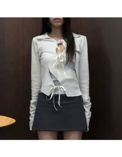 Plain Hollow-out Shirt Collar Tie Front Top #802387 $24.21 USD, Wholesale Fashion Blouses