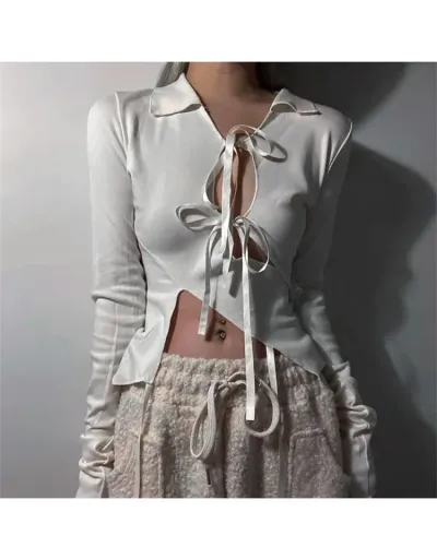 Replica Plain Hollow-out Shirt Collar Tie Front Top #802387 $24.21 USD for Wholesale