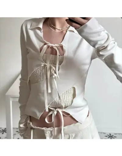 Replica Plain Hollow-out Shirt Collar Tie Front Top #802387 $24.21 USD for Wholesale