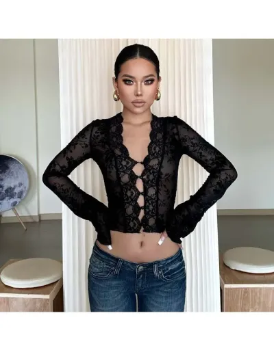 Replica Floral Leopard V Neck Lacework Sheer Blouses #802388 $26.96 USD for Wholesale