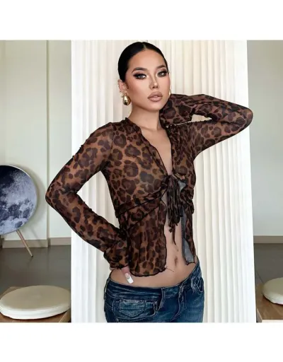 Replica Leopard See Through Long Sleeve Blouses #802392 $28.35 USD for Wholesale