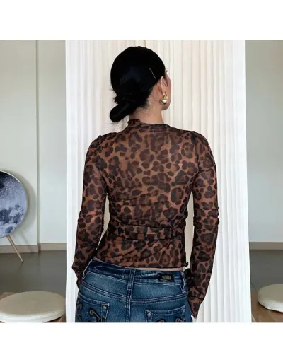 Replica Leopard See Through Long Sleeve Blouses #802392 $28.35 USD for Wholesale