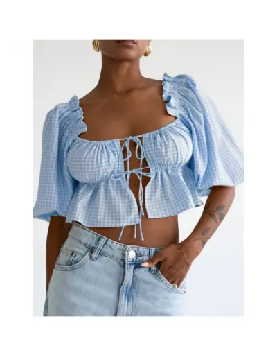 Replica Plaid Square Neck Lacework Cropped Blouses #802401 $33.25 USD for Wholesale