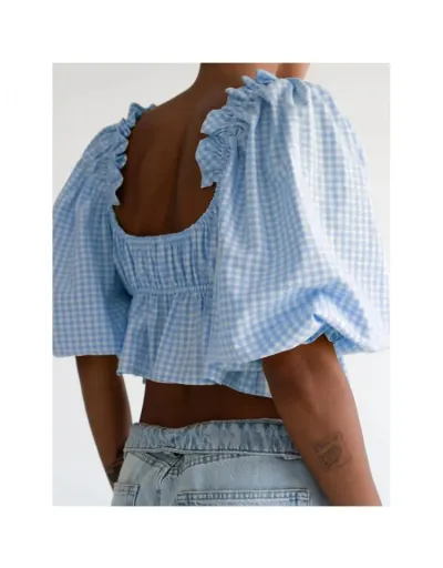 Replica Plaid Square Neck Lacework Cropped Blouses #802401 $33.25 USD for Wholesale