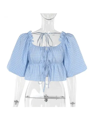 Replica Plaid Square Neck Lacework Cropped Blouses #802401 $33.25 USD for Wholesale