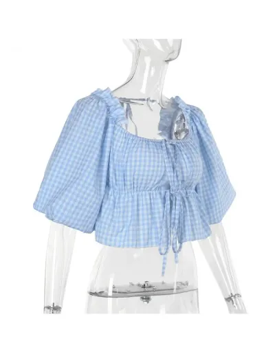 Replica Plaid Square Neck Lacework Cropped Blouses #802401 $33.25 USD for Wholesale