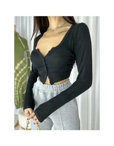 Bodycon U Neck Buckle Cropped Cardigan #802402 $27.92 USD, Wholesale Fashion Blouses