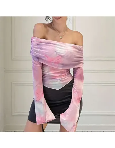 Gauze Ruched Colorblock Off Shoulder Tops #802404 $31.35 USD, Wholesale Fashion Blouses