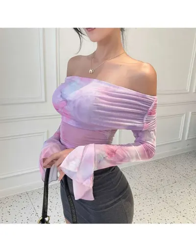 Replica Gauze Ruched Colorblock Off Shoulder Tops #802404 $31.35 USD for Wholesale