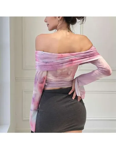 Replica Gauze Ruched Colorblock Off Shoulder Tops #802404 $31.35 USD for Wholesale