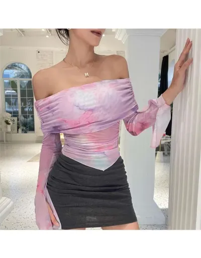 Replica Gauze Ruched Colorblock Off Shoulder Tops #802404 $31.35 USD for Wholesale