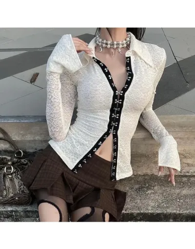 Lace See Through Button Up Lapel Shirt #802408 $35.86 USD, Wholesale Fashion Blouses