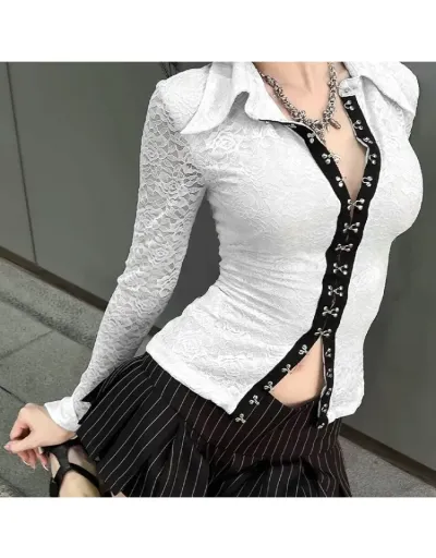 Replica Lace See Through Button Up Lapel Shirt #802408 $35.86 USD for Wholesale