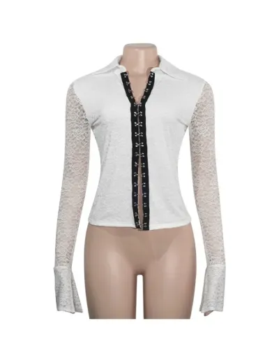 Replica Lace See Through Button Up Lapel Shirt #802408 $35.86 USD for Wholesale