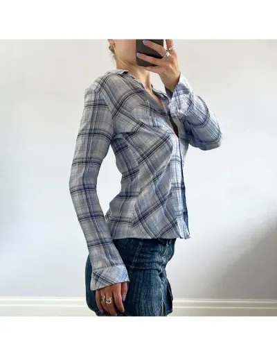 Replica Patchwork Plaid Single Breasted Long Sleeve Blouses #802419 $30.02 USD for Wholesale