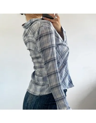 Replica Patchwork Plaid Single Breasted Long Sleeve Blouses #802419 $30.02 USD for Wholesale