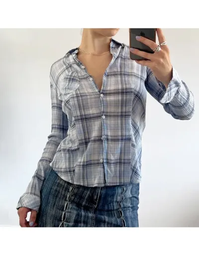 Replica Patchwork Plaid Single Breasted Long Sleeve Blouses #802419 $30.02 USD for Wholesale