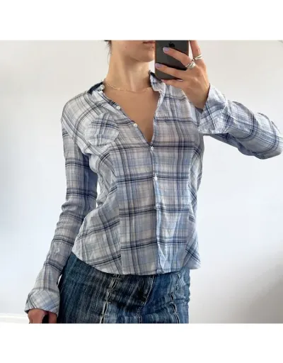 Replica Patchwork Plaid Single Breasted Long Sleeve Blouses #802419 $30.02 USD for Wholesale