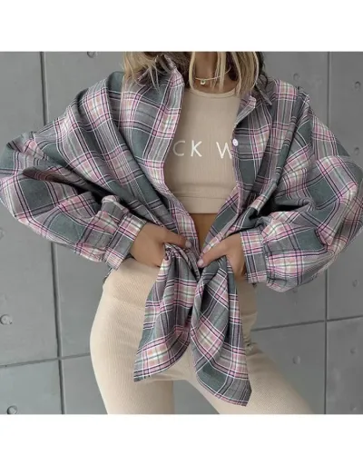 Replica Retro Plaid Down Collar Long Sleeve Blouse #802422 $45.27 USD for Wholesale