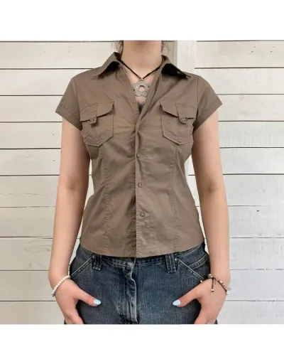 Replica Patchwork Short Sleeve Cargo Blouses #802423 $29.80 USD for Wholesale