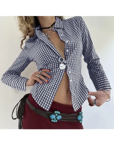 Plaid Single Breasted Long Sleeve Blouses #802424 $30.43 USD, Wholesale Fashion Blouses