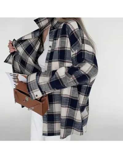 Replica Stylish Plaid Long Sleeve Loose Blouse #802429 $46.59 USD for Wholesale