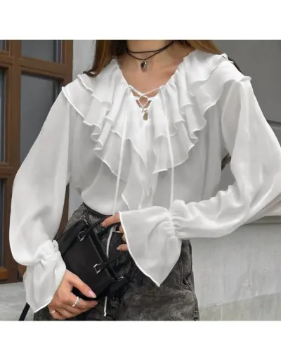 Women's V Neck Lace Up Long Sleeve Loose Blouse #802430 $33.33 USD, Wholesale Fashion Blouses