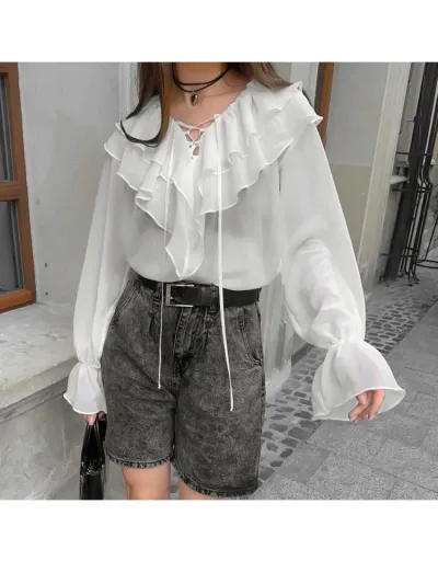 Replica Women's V Neck Lace Up Long Sleeve Loose Blouse #802430 $33.33 USD for Wholesale