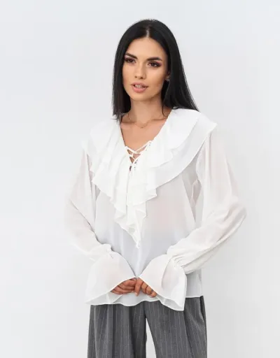 Replica Women's V Neck Lace Up Long Sleeve Loose Blouse #802430 $33.33 USD for Wholesale