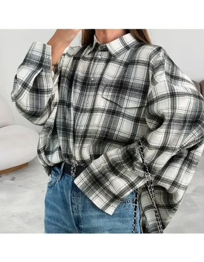 Replica Stylish Colorblock Plaid Long Sleeve Loose Blouses #802437 $32.70 USD for Wholesale