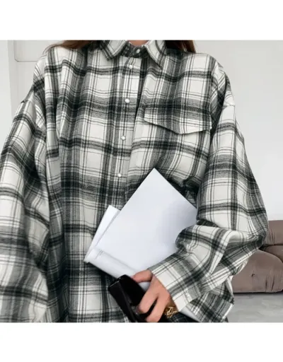 Replica Stylish Colorblock Plaid Long Sleeve Loose Blouses #802437 $32.70 USD for Wholesale