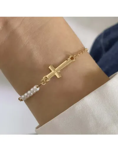 Cross Faux Pearl Metal Annular Bracelet #802457 $6.06 USD, Wholesale Fashion 