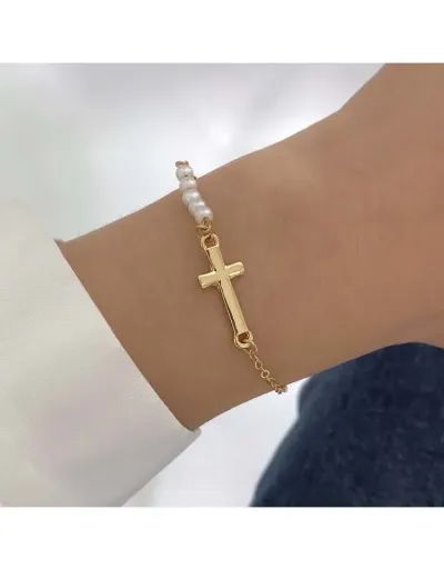 Replica Cross Faux Pearl Metal Annular Bracelet #802457 $6.06 USD for Wholesale