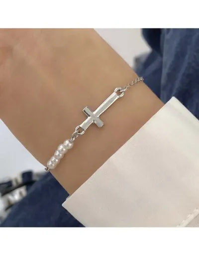 Replica Cross Faux Pearl Metal Annular Bracelet #802457 $6.06 USD for Wholesale