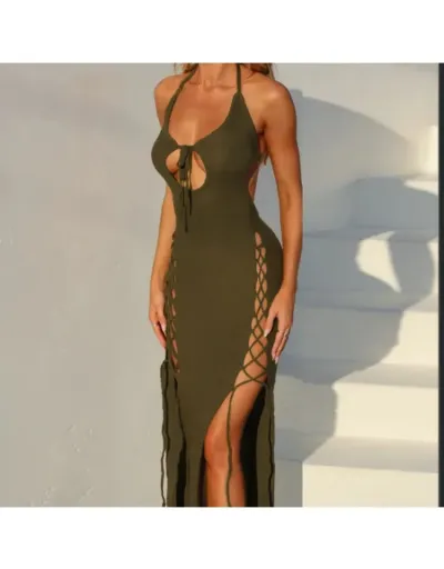 Replica Sexy Hollow Out Backless Split Halter Lace Up Sleeveless Maxi Dress #802514 $41.95 USD for Wholesale