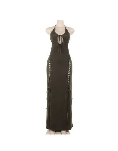 Replica Sexy Hollow Out Backless Split Halter Lace Up Sleeveless Maxi Dress #802514 $41.95 USD for Wholesale