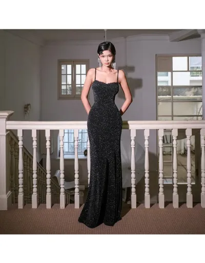 Replica Sleeveless Lace Detail Shiny Maxi Dress #802515 $33.59 USD for Wholesale