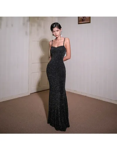 Replica Sleeveless Lace Detail Shiny Maxi Dress #802515 $33.59 USD for Wholesale