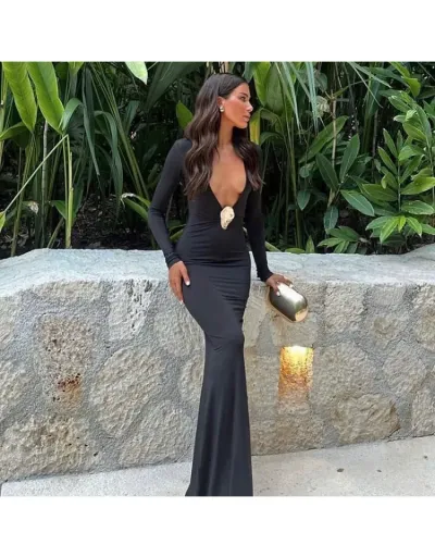 Replica Elegant Black V Neck Metal Decor Long Sleeve Maxi Dress #802528 $38.90 USD for Wholesale