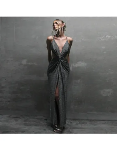 Noble Shiny Backless V Neck Split Sleeveless Maxi Dress #802546 $37.39 USD, Wholesale Fashion 