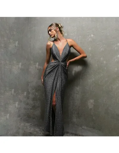 Replica Noble Shiny Backless V Neck Split Sleeveless Maxi Dress #802546 $37.39 USD for Wholesale