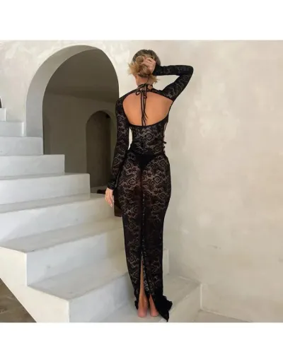 Replica Sexy Lace See Through Hollow Out Long Sleeve Maxi Dress #802547 $42.98 USD for Wholesale