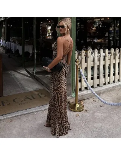 Replica Leopard V Neck Backless Tie-wrap Maxi Dress #802548 $35.53 USD for Wholesale