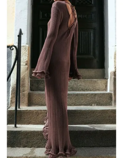 Replica Ribbed Backless Lace Up Ruffle Edge Maxi Dress #802556 $81.30 USD for Wholesale