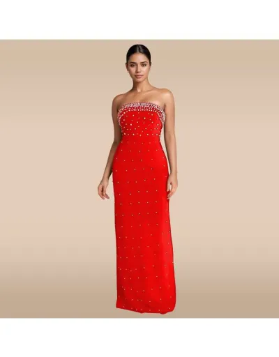 Replica Strapless Faux Pearl Split Hem Maxi Dress #802559 $63.61 USD for Wholesale